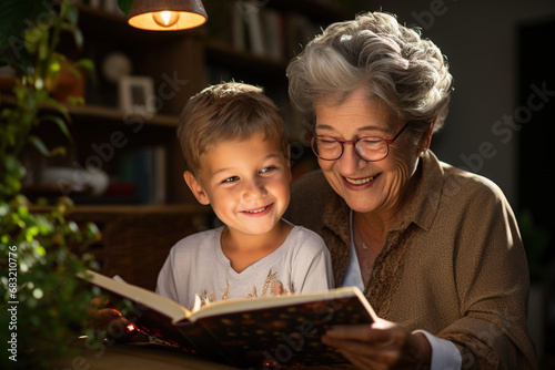 Nice moment of senior old lady female woman reading a book to her grand son kid child, enjoying special moment together in apartment. Reading educational fiction book together in family concept photo