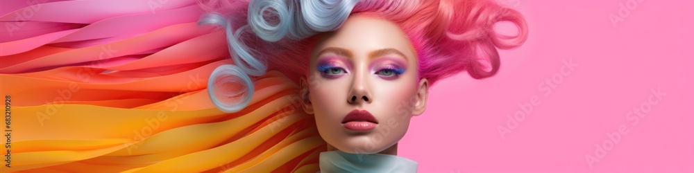 A woman with colorful hair and makeup on a pink background. Generative AI. A woman with colorful hair and makeup on a pink background. Generative AI.
