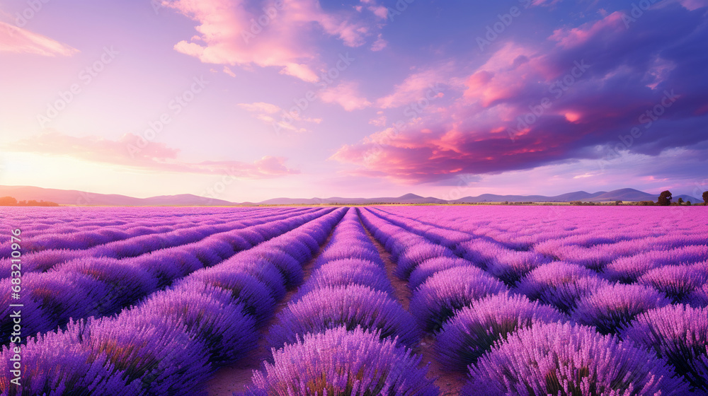 A field of lavender stretching to the horizon, AI Generative.