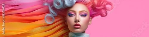 A woman with colorful hair and makeup on a pink background. Generative AI.