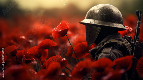 Remembrance Day Poppy. Isolated on Poppy flowers background, side view of soldier, Remembrance Day banner, poster, Memorial Day