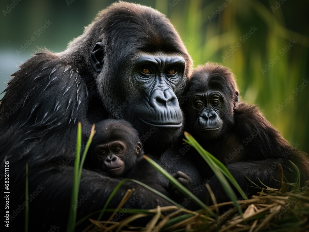 Fototapeta premium A mother gorilla and her baby sitting in the grass. Generative AI.
