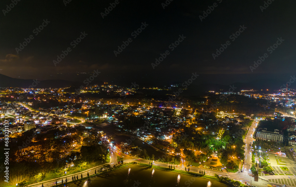 Aerial panorama view of Sunflower Building at Lam Vien Square in Da Lat City. Tourist city in developed Vietnam. Center Square of Da Lat city with Xuan Huong lake