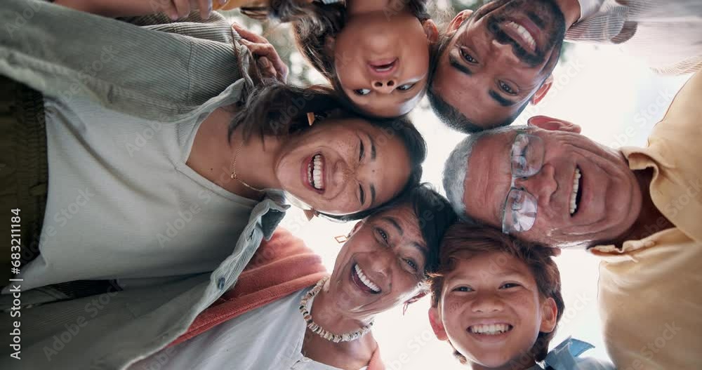 Smile, bottom view and face of family in circle with solidarity, love and happiness in nature. Excited, unity and portrait of young children with parents and grandparents in an outdoor garden or park