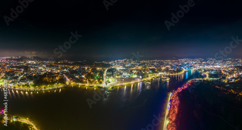 Aerial panorama view of Sunflower Building at Lam Vien Square in Da Lat City. Tourist city in developed Vietnam. Center Square of Da Lat city with Xuan Huong lake