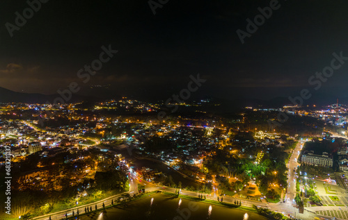 Aerial panorama view of Sunflower Building at Lam Vien Square in Da Lat City. Tourist city in developed Vietnam. Center Square of Da Lat city with Xuan Huong lake © CravenA