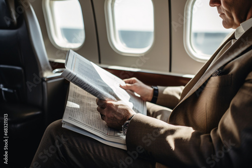 A close-up of a businessman's hands holding a newspaper while looking out through the window of a corporate jet. Convey the sense of relaxation and sophistication during air travel.