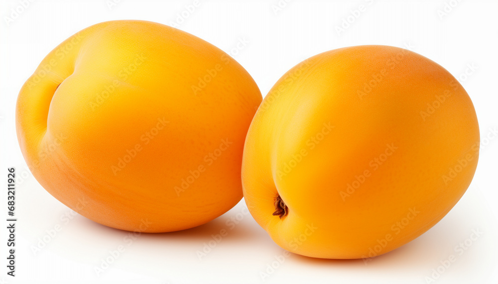 Two fresh apricots with a vibrant orange hue on a white background Two fresh apricots with a vibrant orange hue on a white background