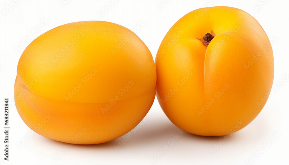 Two fresh apricots with a vibrant orange hue on a white background Two fresh apricots with a vibrant orange hue on a white background