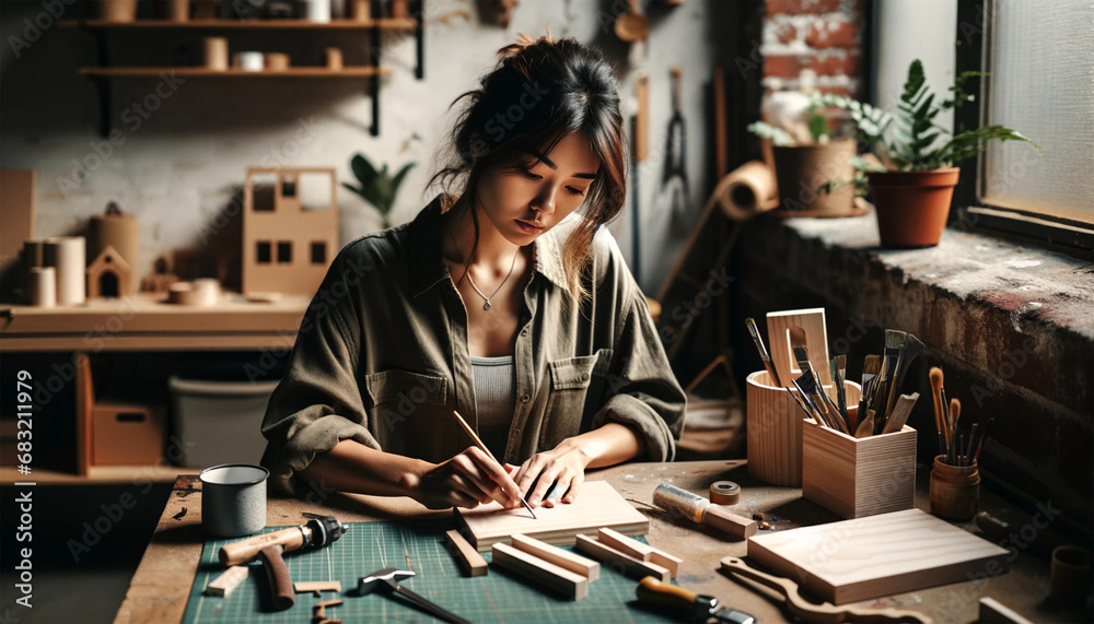 Fototapeta premium A 28-year-old woman focused on a DIY project in a well-lit home workspace. DIY materials like wood, tools, and paints are neatly arranged on the table