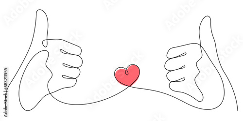 thumbs up in one line drawing love gesture and heart minimalism concept