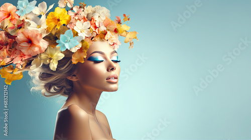 Surreal abstract woman portrait with flowers over head on blue background. summer colors. Concept of environmental friendliness and naturalness of cosmetic products. Banner. copy space