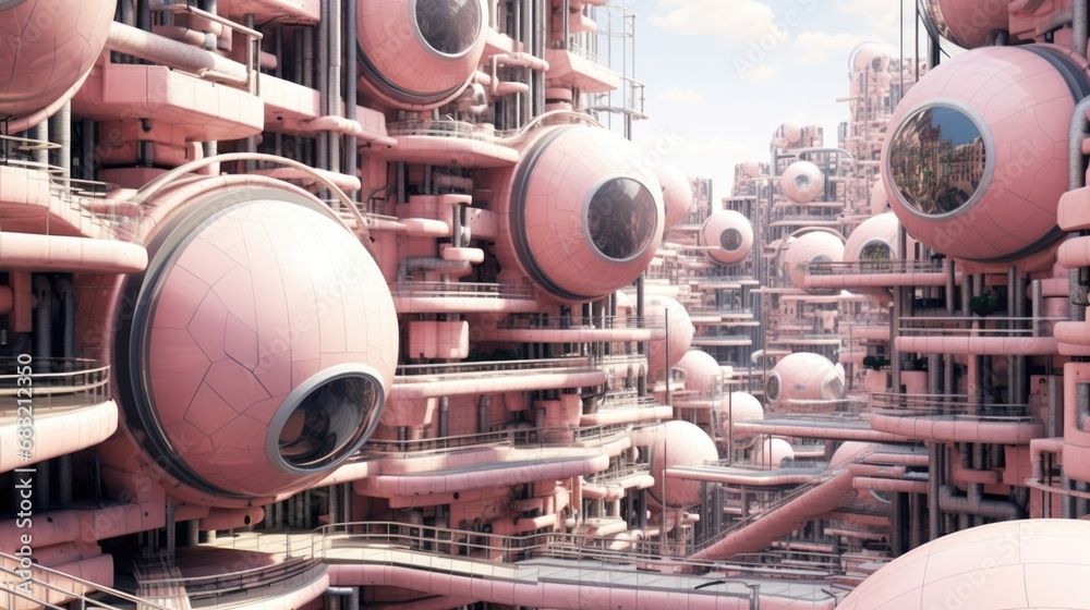 Surreal Pink Futuristic City with Abstract Geometric Structures Surreal Pink Futuristic City with Abstract Geometric Structures
