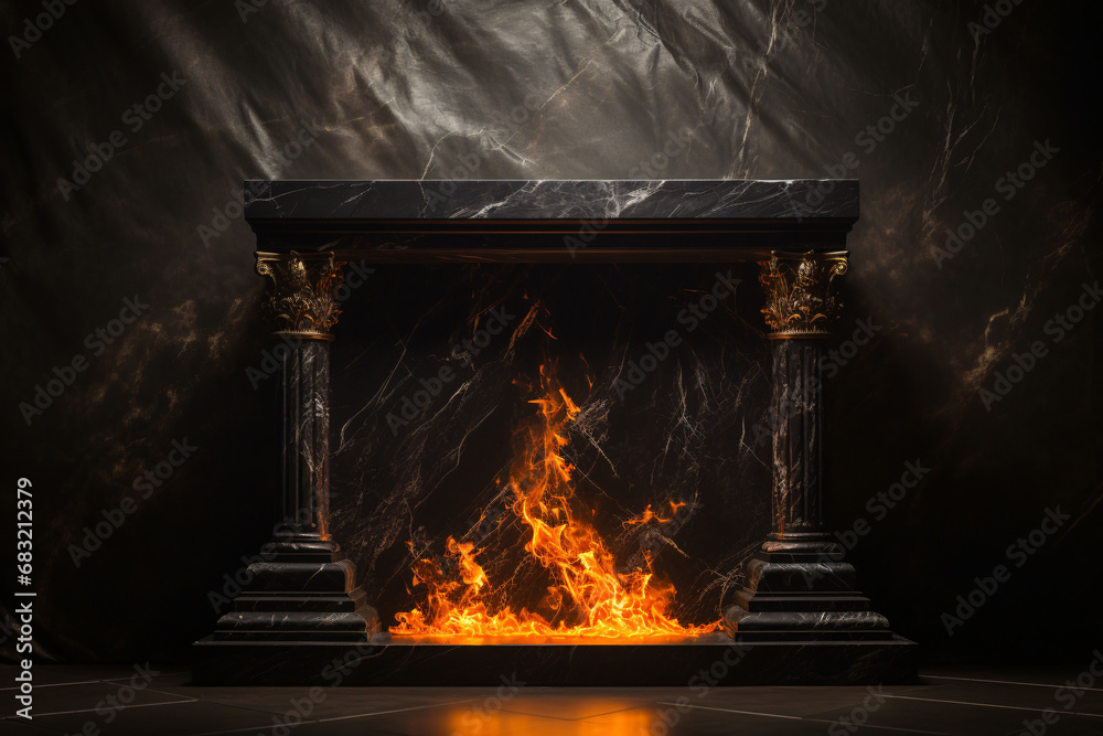 Obraz premium Black Marble Podium Surrounded by Blazing Flames, Fire, Pillar, Stairs