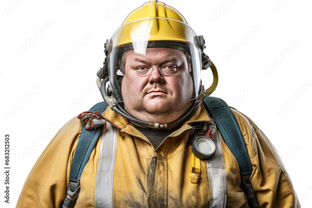 Fototapeta premium Portrait of construction worker Overweight man in engineer uniform on transparent background
