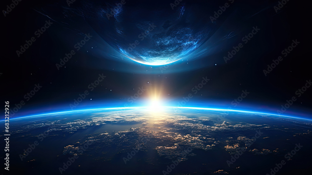 view earth from  space at  blue sunrise