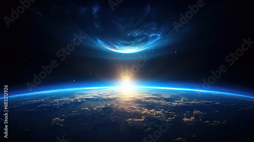 view earth from space at blue sunrise