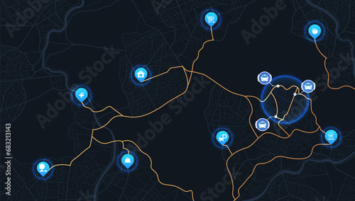Multiple destinations from home. Gps tracking map. Track navigation pins on street maps, navigate mapping technology and locate position pin. Futuristic travel gps map or location navigator vector