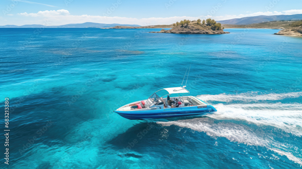  speed boat cruising in high speed in deep blue sea, 