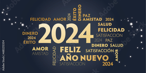 Feliz Año Nuevo 2024- Tarjeta de felicitación de Año Nuevo - texto en español - fondo negro photo