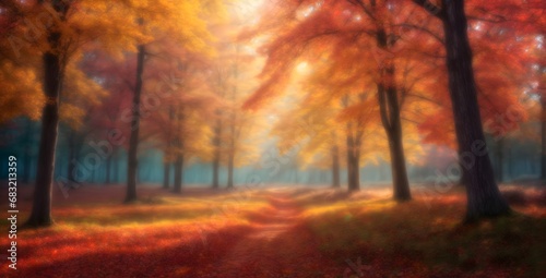 autumn forest in the fog sun, woods, green, path, red, colorful, october, wood, road, bright, color © Fazal