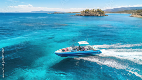  speed boat cruising in high speed in deep blue sea,  © Planetz