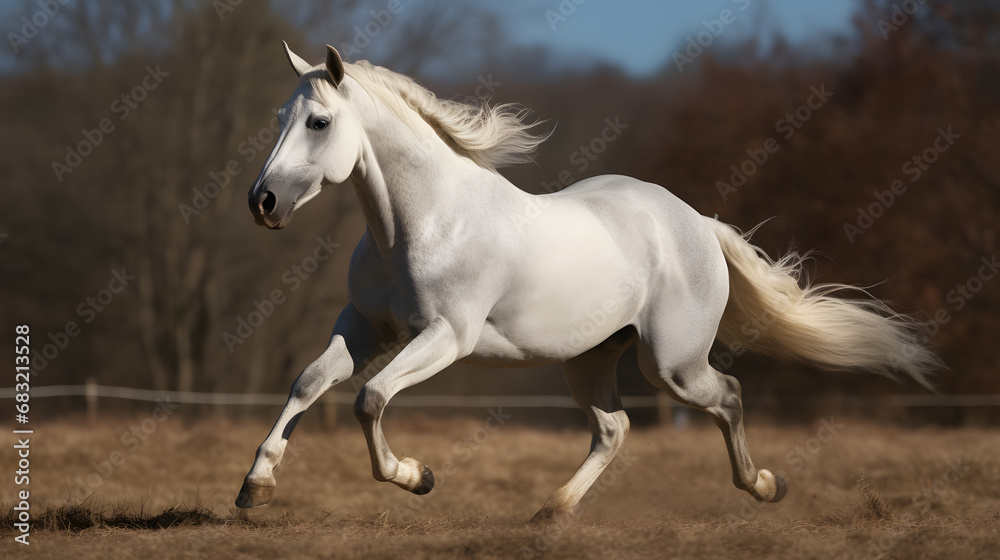 White Horse galloping through scenic landscape, symbolizing freedom and adventure
