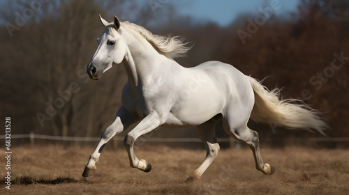White Horse galloping through scenic landscape  symbolizing freedom and adventure