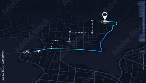 Dashboard with satellite, location and roadmap for navigation. Big data in modern city. Abstract city. Futuristic gps map navigator system, direction path, location tracks dashboard. Vector