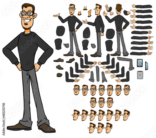 Vector Man character with lip sync and eye blink, all sides rigged