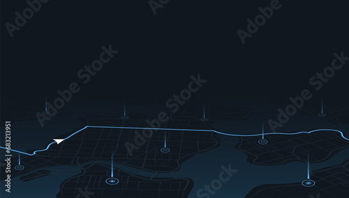 Gps tracking map. Abstract isometric location tracks dashboard. Track navigation pins on street maps, navigate mapping, locate position pin. Futuristic travel map or location navigator vector