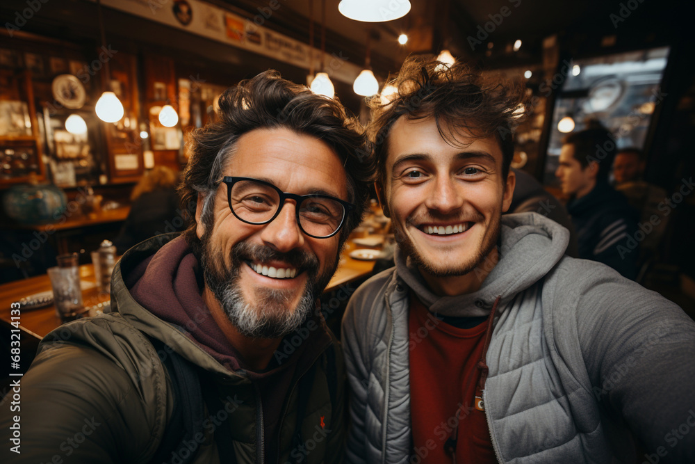 Happy generation z millenials LGBTQ relationship concept. Portrait shot of smiling male gay couple taking selfie on mobile, smartphone while sitting in bar cafe or calling their friends, relatives
