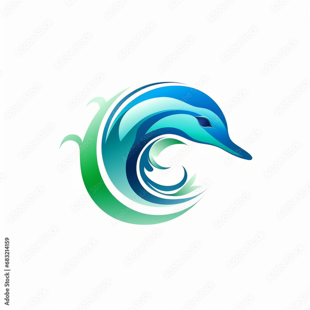 Dolphin logo green and blue in the style of logo on white background