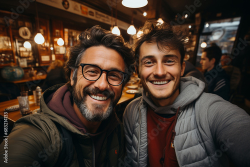Happy generation z millenials LGBTQ relationship concept. Portrait shot of smiling male gay couple taking selfie on mobile  smartphone while sitting in bar cafe or calling their friends  relatives