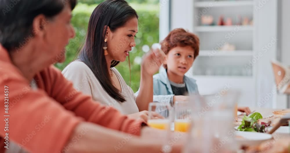 Family, serve and food at table for lunch, party or event with unity, bonding and conversation in home. People, pizza and knife with beverage or support with dinner, nutrition and meal in dining room Family, serve and food at table for lunch, party or event with unity, bonding and conversation in home. People, pizza and knife with beverage or support with dinner, nutrition and meal in dining room