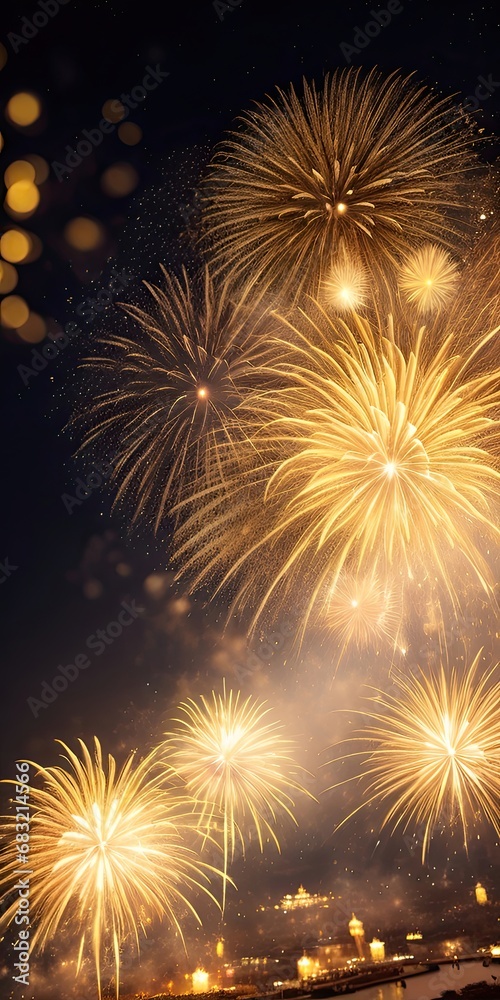 Naklejka premium Golden fireworks New Year 05, New Year background, Generative AI, Generative, AI