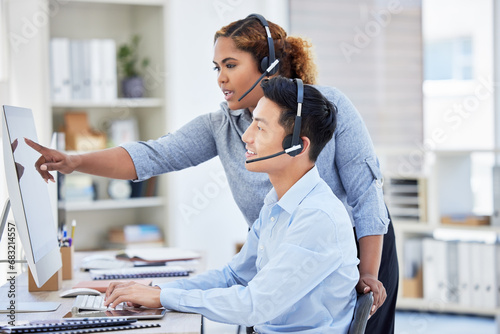 Business people, call center training and computer for manager advice, customer support and feedback in office. Consultant woman, man or agency employees with teamwork, help and online communication