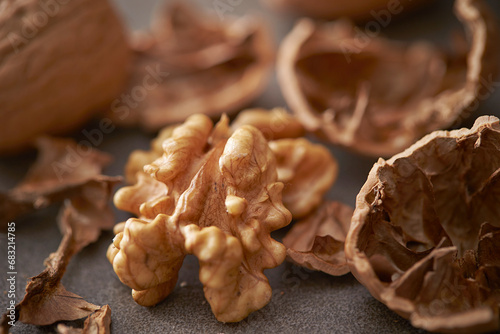 walnuts on gray background