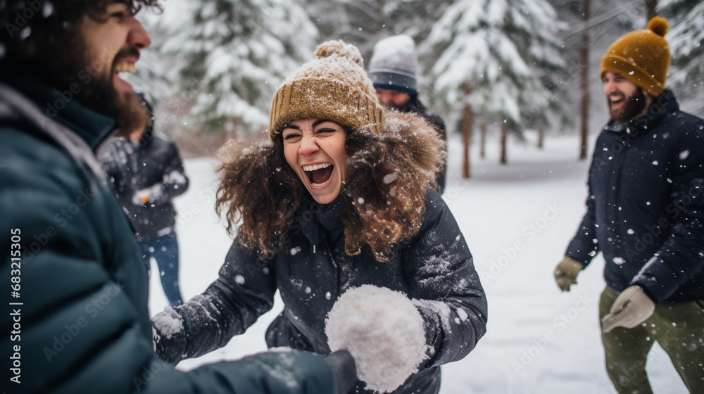 Obraz premium A group of friends having a snowball fight, AI Generative.
