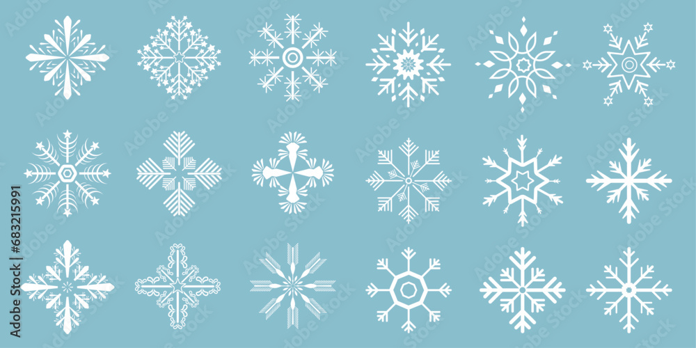 Groups of vector snowflakes, Winter set of white snowflakes isolated on light blue background. Snowflake icons. Snowflakes collection for design Christmas templates Groups of vector snowflakes, Winter set of white snowflakes isolated on light blue background. Snowflake icons. Snowflakes collection for design Christmas templates