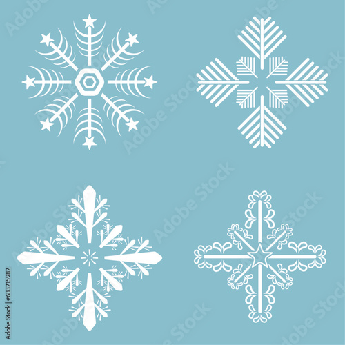Set of 4 snowflakes, Winter set of white snowflakes isolated on light blue background. Snowflake icons. Snowflakes collection for design Christmas vector, illustration