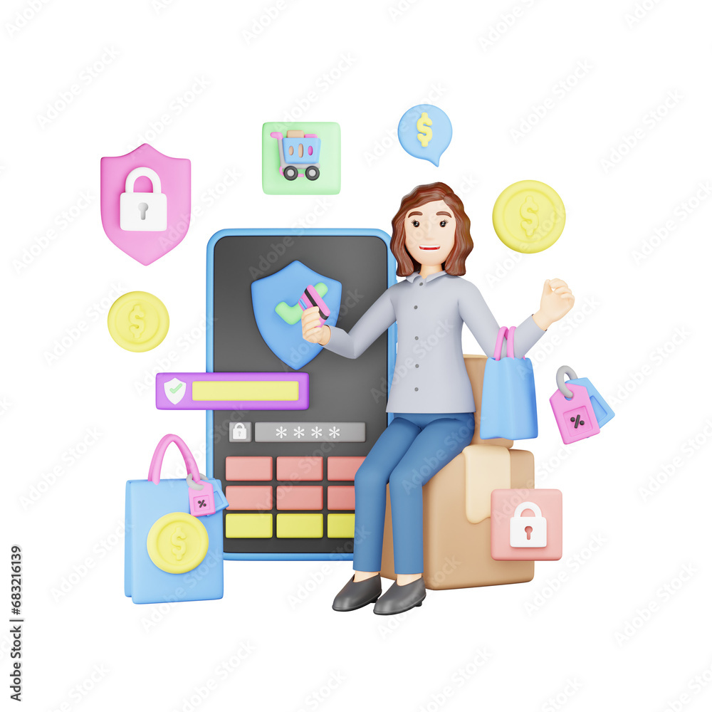Online Payment Transaction Security: 3D Character Illustration for Financial Safety Online Payment Transaction Security: 3D Character Illustration for Financial Safety
