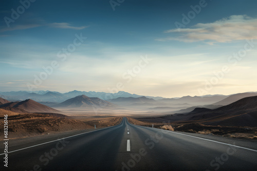 Empty road with beautiful view background. Travel vacation concept. Generative ai.