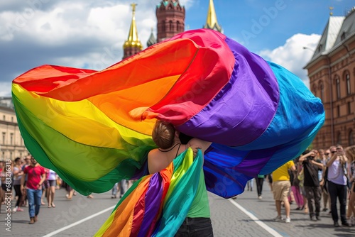 AI people. A gay man winded up in LGBT flag on Red Square in Moscow, Russia. Gays in Russia. Rights of LGBT people. Inclusivity. Pride parade. Freedom. Huge LGBT flag in Moscow photo