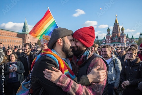 AI people. Happy beardy Russian male gays. LGBT, pride demonstration on the Red Square in Moscow, Russia. Married gay couple of two men hugging and kissing each other in front of a crowd in Russia © grooveisintheheart