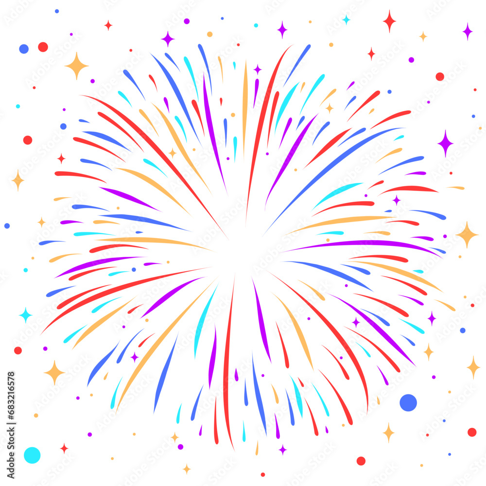 Bursting colorful fireworks with stars and sparks isolated on transparent background