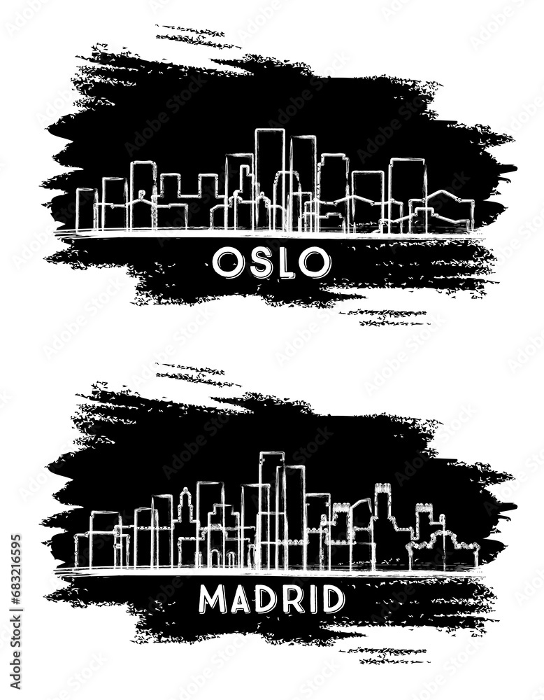 Madrid Spain and Oslo Norway City Skyline Silhouette set.