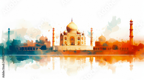 India Republic Day celebration. Taj Mahal watercolor style illustration. Travel destination. photo