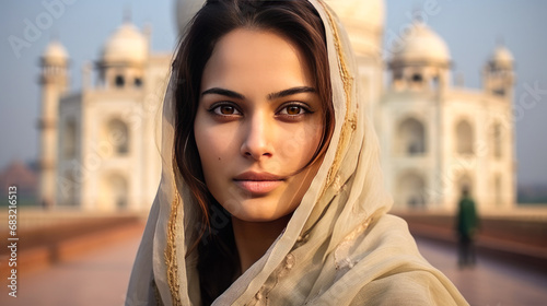 Beautiful native indian woman portrait with Taj Mahal background. India Republic Day. Travel destination. photo