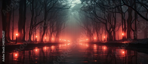 Mysterious forest in the fog blessed with red lights